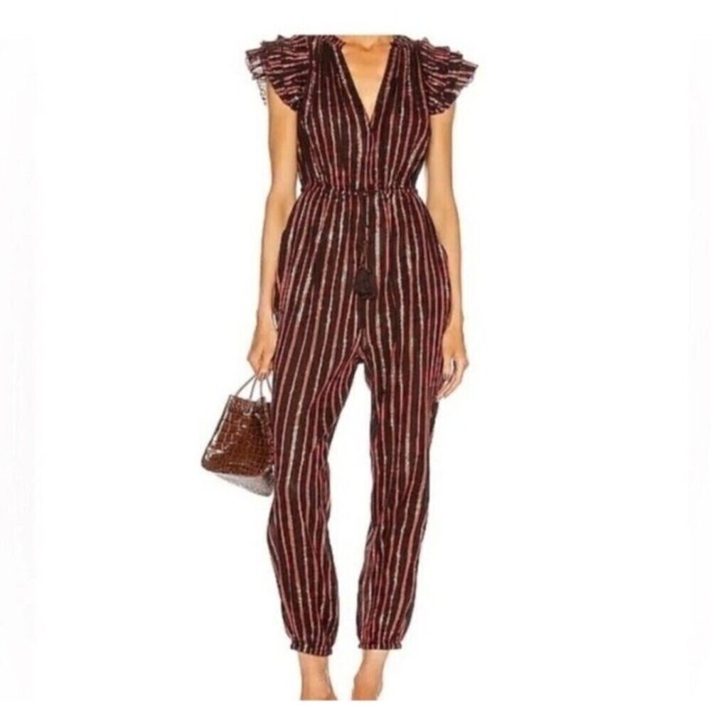 Ulla Johnson Elio Jumpsuit Chocolate Metallic Striped V-Neck Drawstring 0